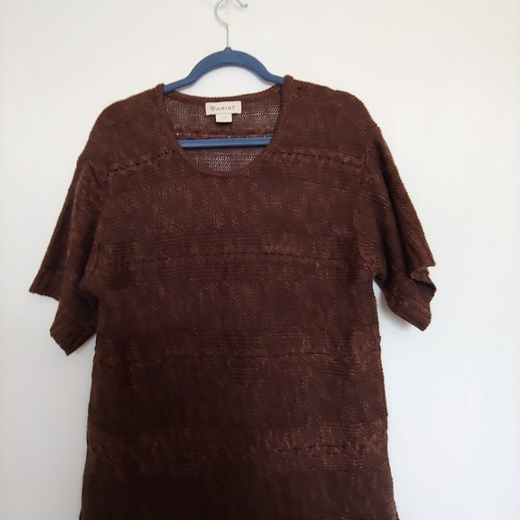 Ariat light weight chocolate brown knit short sleeve sweater with fringe sz s/m - Picture 3 of 12